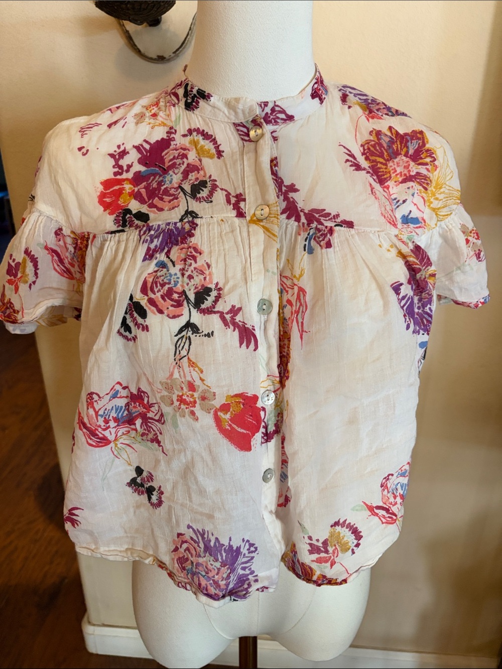 Free People Sweet Escape Floral Crop Blouse Ivory Combo XS Boho Button Front